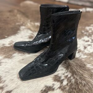 Stuart Weitzman Black Croc-Embossed Heeled Boots